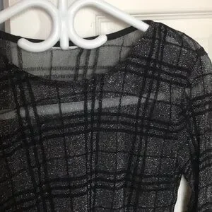 Sheer black plaid sparkly punk long sleeve top EUC stretchy glittery cool